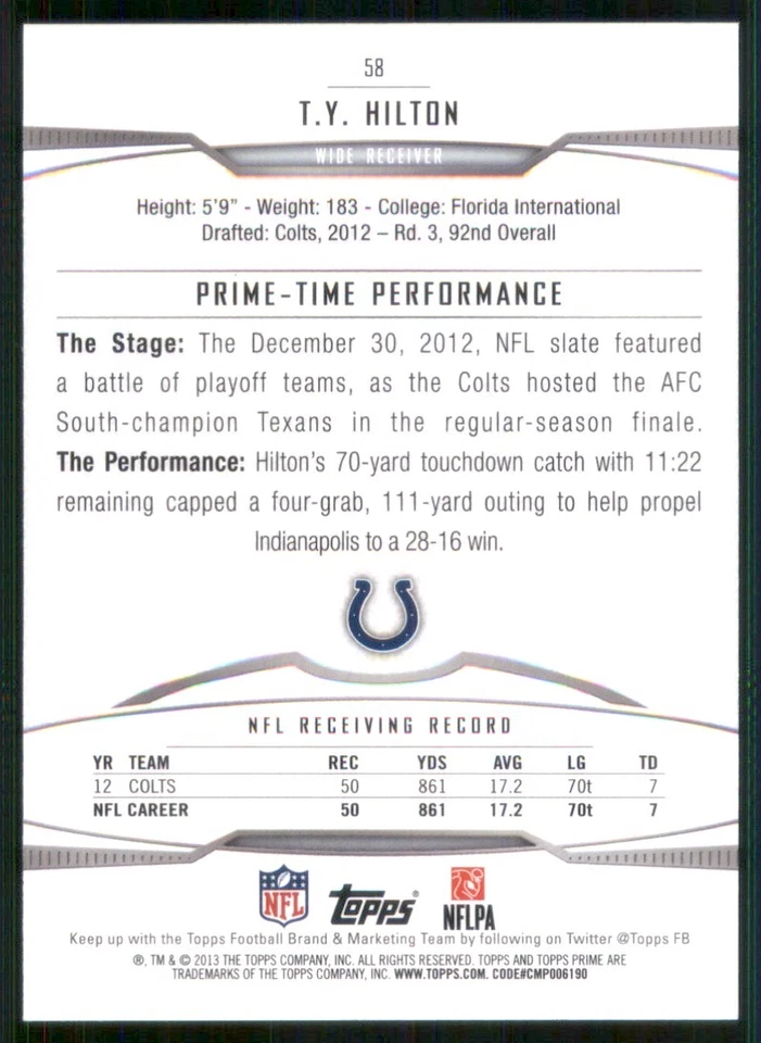 2013 Topps Prime #58 T.Y. Hilton Indianapolis Colts 36010 - Image 2 of 2