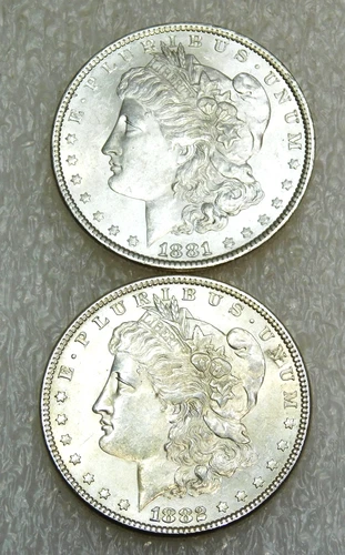 1881 & 1882 Morgan Silver Dollar BU Bright Frosty lof of 2 coins in saflip #Z788