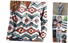  Womens Long Sleeve T Shirts Aztec Cow Print Western Henley Large Aztec Button