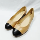Chanel Women's Pumps Beige Black Cap Toe Chain Heel Flats US 7.5 Italy 4005808