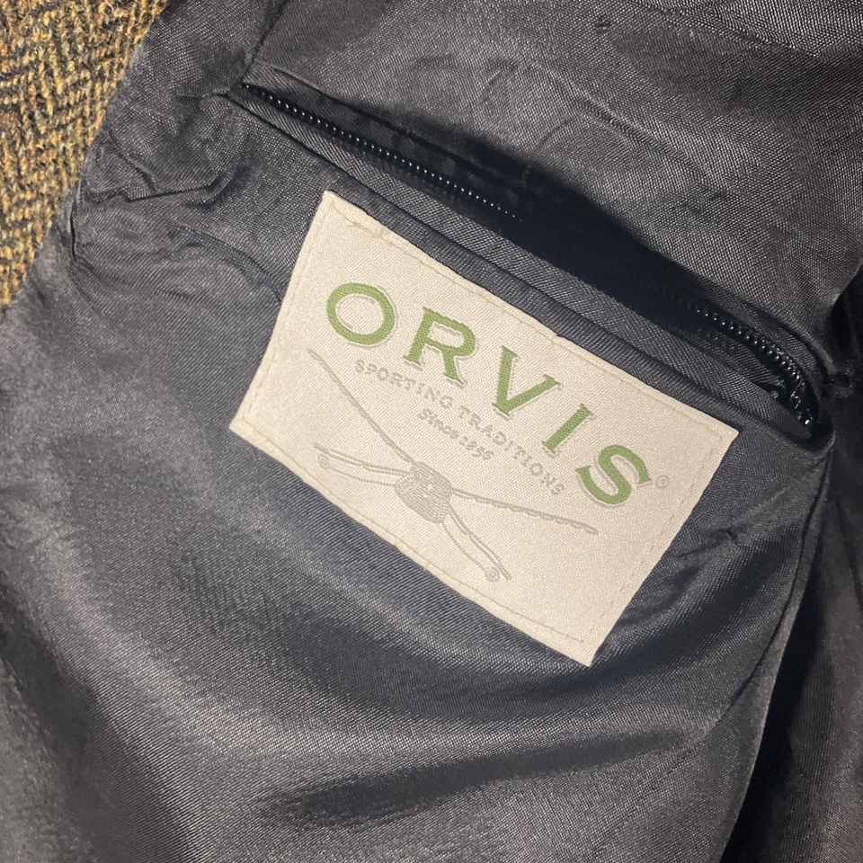 VTG Orvis Harris Tweed Scottish Wool Herringbone Blazer Mens 46 Suede Elbow Pads - Image 2 of 4