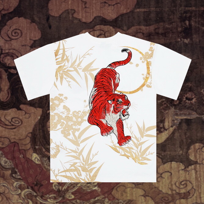 Mens Summer T-Shirt Japanese Pattern Embroidery Tiger Flower