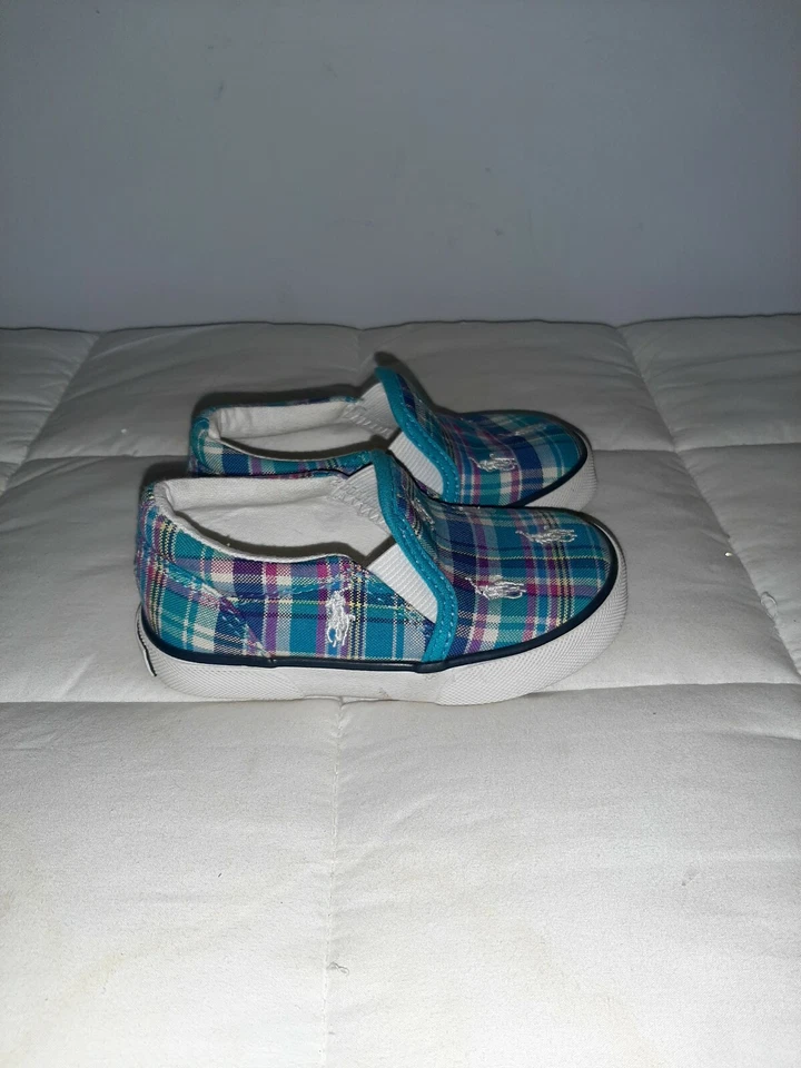 Polo Ralph Lauren Zapatos Niño Pequeño Talla 6 Lona Mocasines Azul Cuadros Sin Cordones Foto 4 de 4