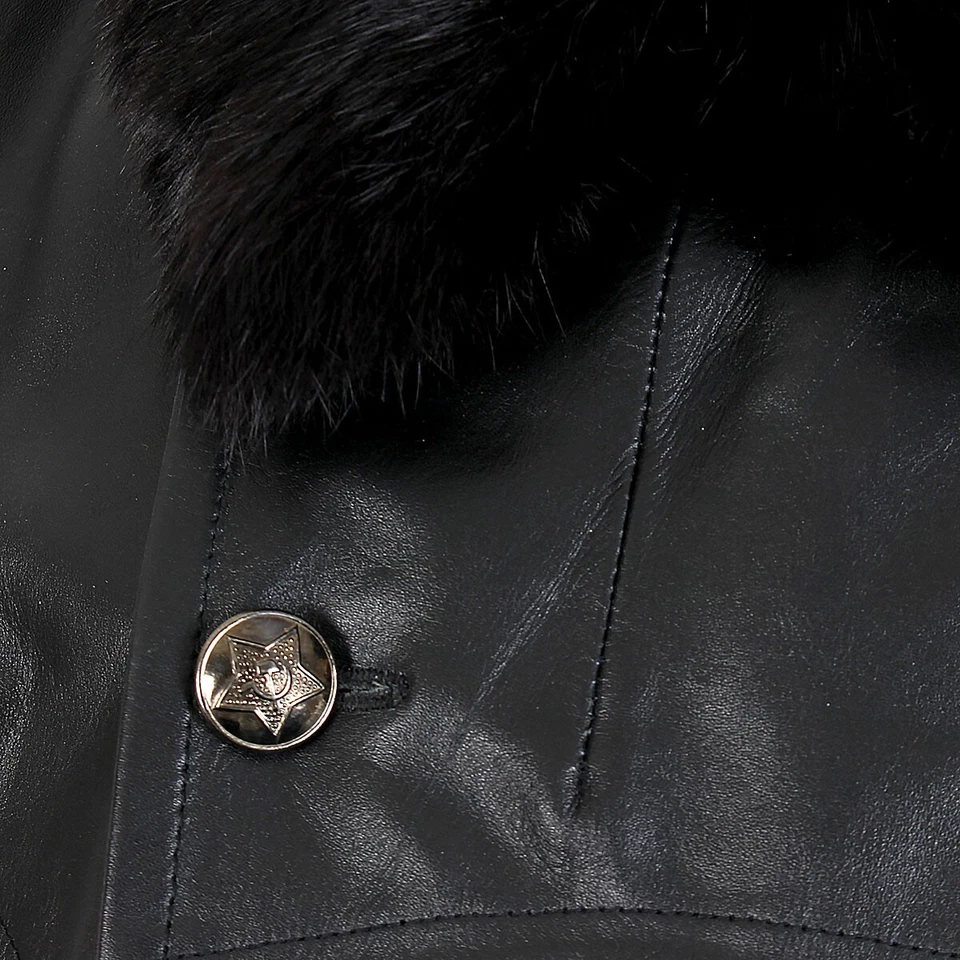 Abrigo de cuero negro oficial de la Armada del ejército ruso de la Segunda Guerra Mundial cuello de piel genuina Foto 4 de 4