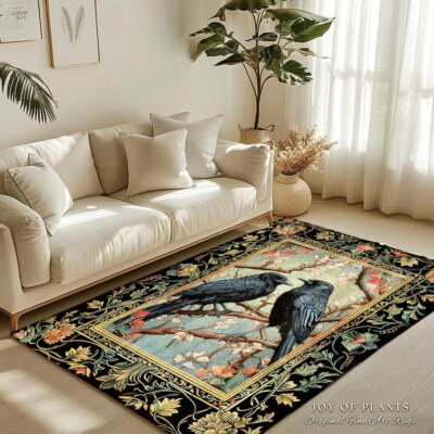 Floral Aesthetic Raven Rug | Crowcore Bedroom Decor William Morris Inspired Cott