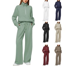 Woman Solid Color Half Zip Long Sleeve Sweatshirt And Wide Leg Pants Set Casual