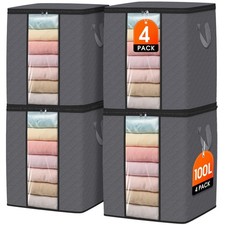 4 Pack 100L Clothes Storage, Foldable Thick Fabric Blanket Storage Bags, Cont...
