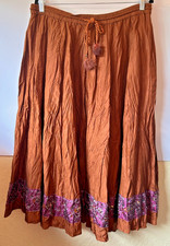 WD-NY 90's Vintage 100 SILK Skirt Women Sz 14 Boho Feather Tie Embroidered Trim