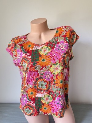 Nicole Miller NY Knit Linen Tropical Floral Boho Resort Top Pink Orange S/P