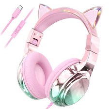 QearFun USB C Kids Cat Ear Wired Headphones with Mic, 85/94dB Pink cat ears