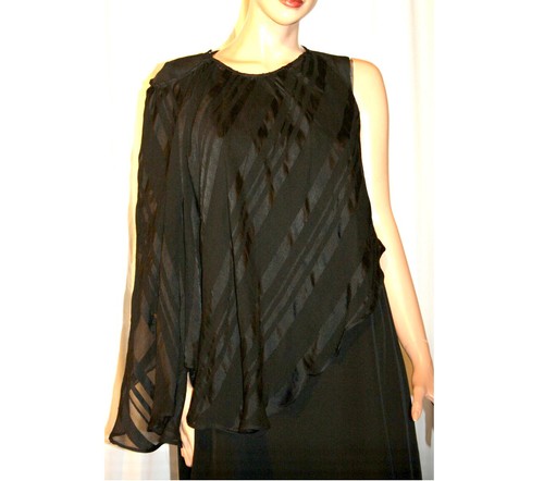 VTG Y2K Black One Sleeve Kaftan Short Mini Party Dress~Sheer Flouncy Boho~S - Picture 5 of 7