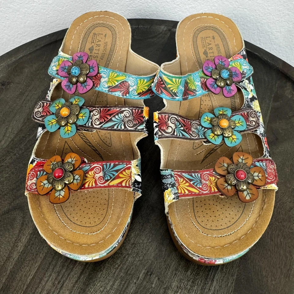 Spring Step L'Artiste Sandals Womens Size 7.5 Colorful Floral Slide Wedge Shoes - Image 2 of 4