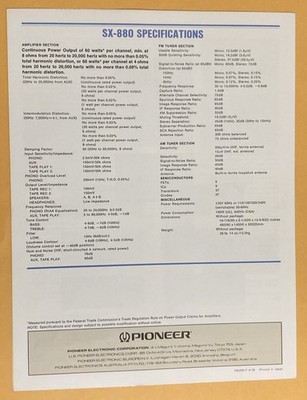 Vintage 1978 Pioneer SX-880 Stereo Receiver Amp Specs/Sales