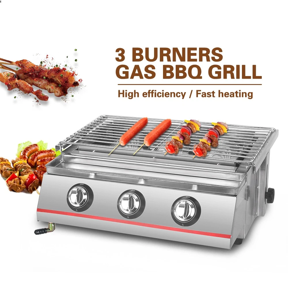 3 Burners Grill Outdoor BBQ LPG Gas with Glass shield Camping Barbeque Cooker