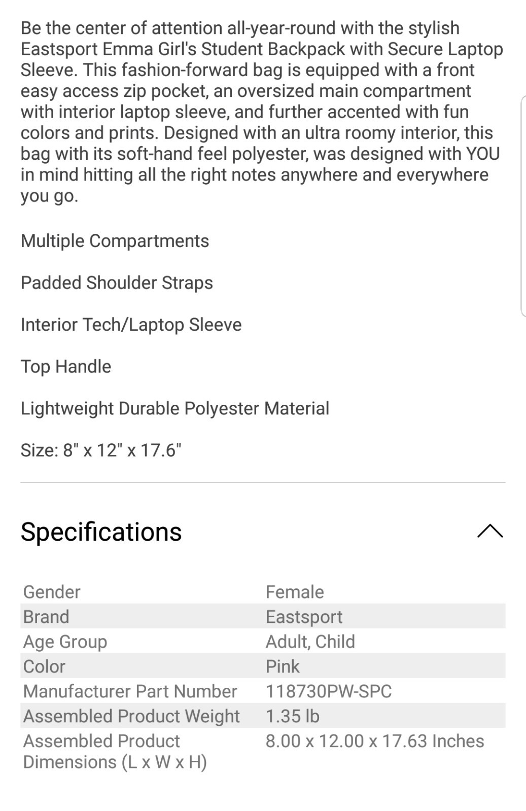 EASTSPORT EMMA LAPTOP BACKPACK LIFETIME WARRANTY COMPARE TO VICTORINOX