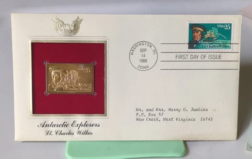 Golden Replica 1989 22Kt Gold Antarctic Explorers Complete Set Of 4 Stamps FDC - Image 4 of 4