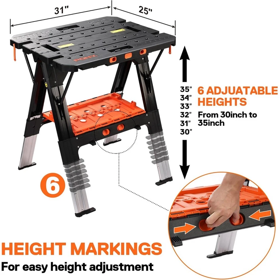 Pony Portable 2-in-1 Folding Sawhorse Work Table Workbench 1000lbs Load Capacity - Image 3 of 4