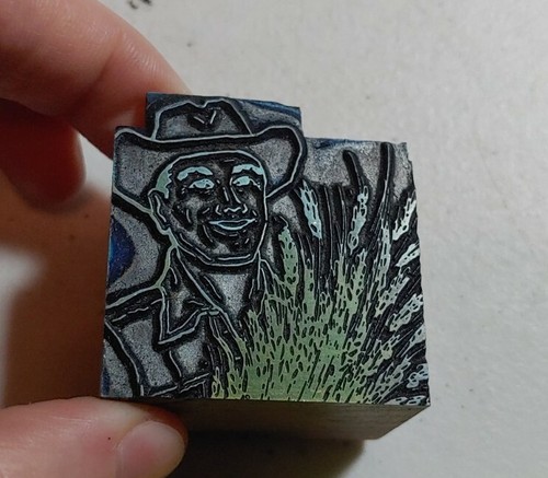 Vintage Letterpress Printing Block Farmer Holding Wheat?