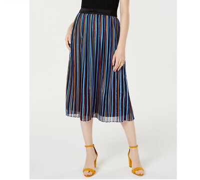 INC Womens M Blue Red Black Rainbow Stripe Metallic Shine Pleated