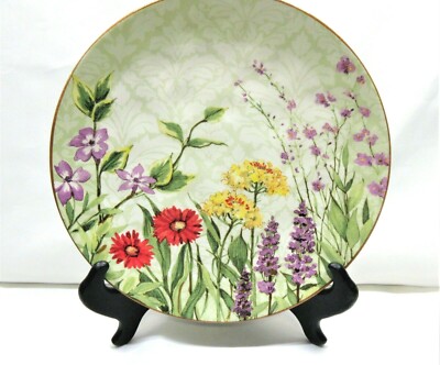 Pier1 Botanical Gardens Earthenware Salad Plate Floral Light Green Tan Trim