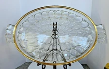 Vintage Jeanette Oval Clear Bubble Cut Glass Serving Tray 10 1/2" Dish Gold Rim