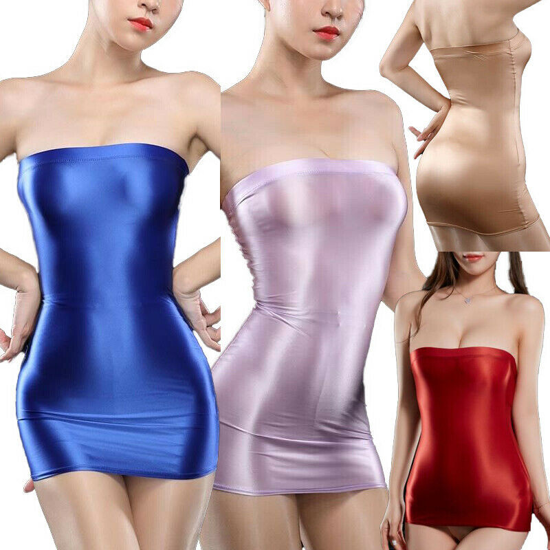 Women's  Mini Strapless Bodycon Sexy Wet Look Glossy Tube DressClubwear Cosplay image 2