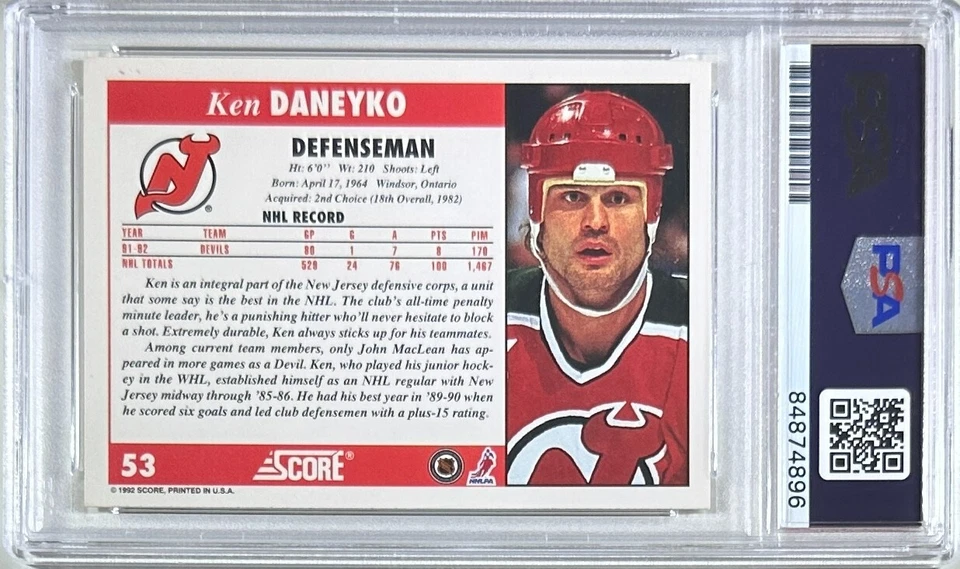 Ken Daneyko auto insc 1992 #53 Score card PSA Encapsulated New Jersey Devils - Image 2 of 3