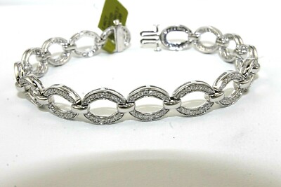 Natural Round Diamond Cluster Oval Loop Link Bracelet 14K White Gold 1.46Ct