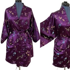 VTG Solz Squirrel Purple Floral Satin Kimono Robe Belted Smoking Jacket Glam OS