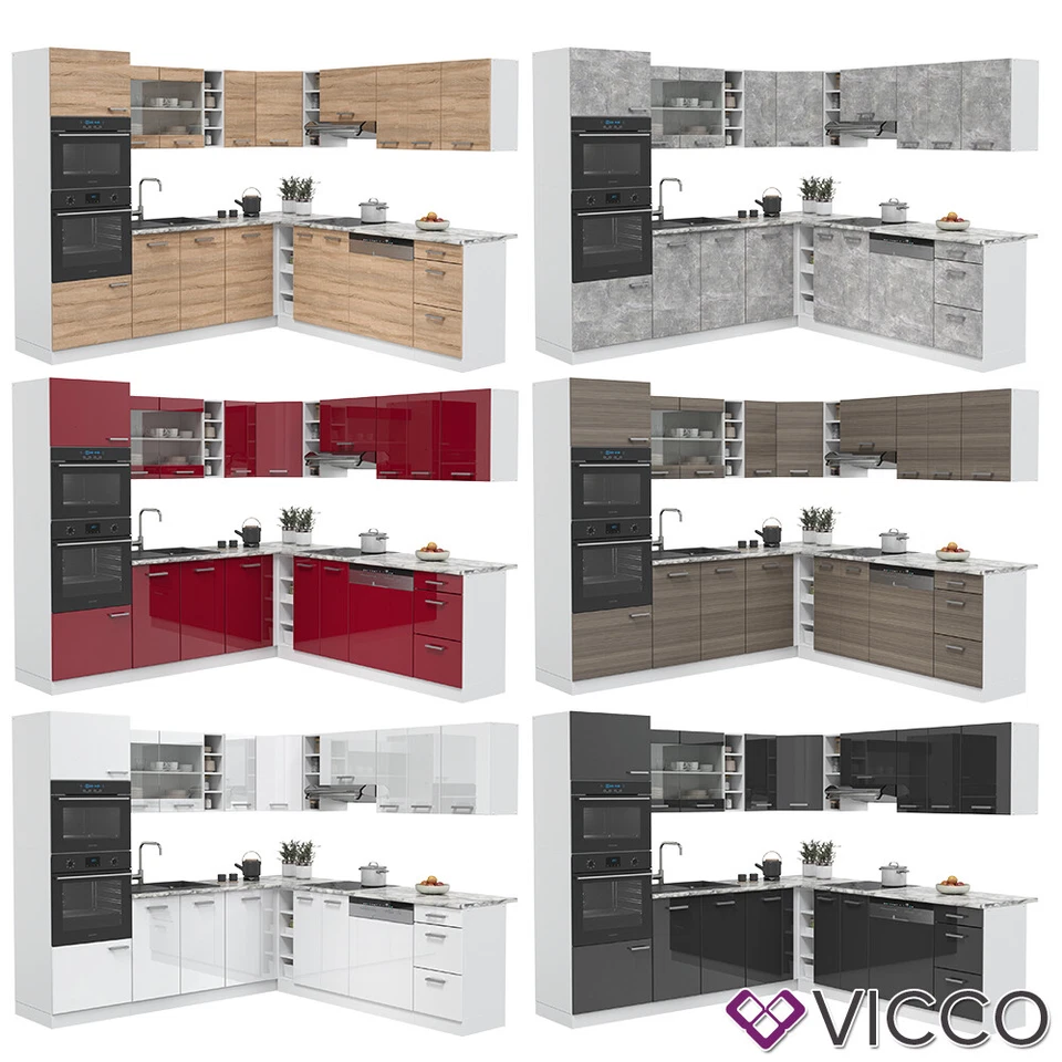 Küchenzeile Eckküche Einbauküche R-Line Ecke Weiß Arbeitsplatte 247x237cm  Vicco - Bild 2 von 2