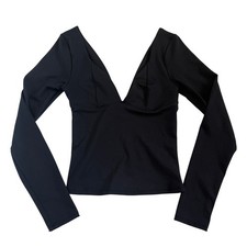 Gaze Womens Black Deep V-Neck Long Sleeve Top XS