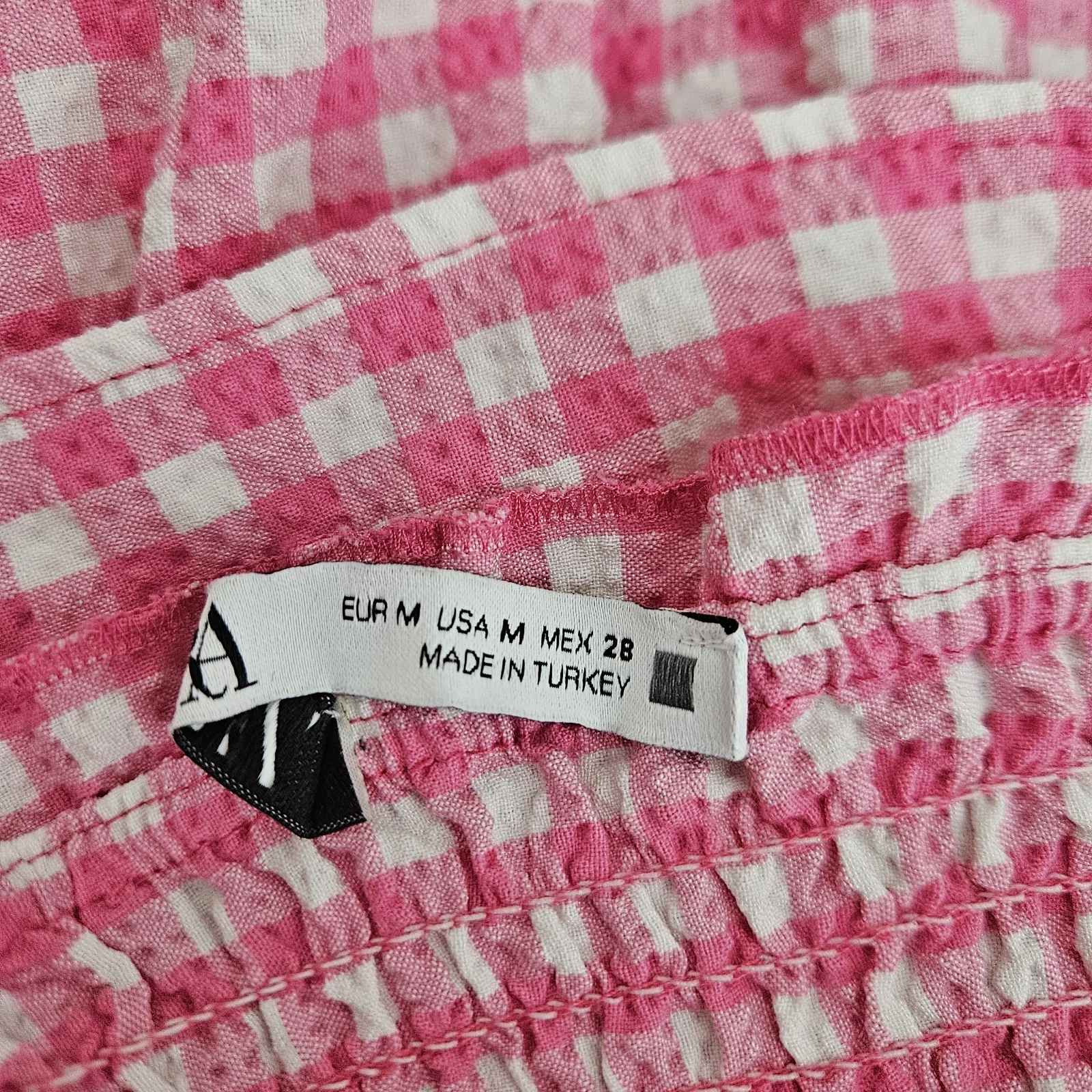 VALENTINO Abito svasato Zara a strati aderente rosa gingham senza maniche scollo quadrato smoked medio
