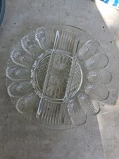 LE Smith Clear Glass Deviled Egg Plate Platter w/ Relish Tray Diamond Point  11"