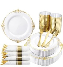 350PCS Gold Plastic Plates - Gold Plastic Dinnerware Sets for 50 Guests - 100...