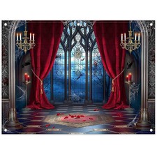 8x6FT Halloween Vampire Castle Backdrop Gothic Window Red Curtain Photo Prop