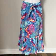 Talbots Voile Maxi Skirt Tropical Leaves Parrot Blue Cotton Hawaiian Beach PL