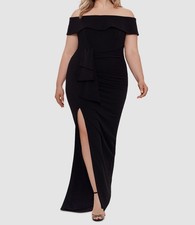 Xscape Women's Black Gathered Ruched Off-The-Shoulder Gown Dress Plus Size 14W