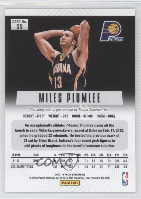 2012-13 Panini Prizm Auto Miles Plumlee #55 Rookie Auto RC - Image 2 of 2