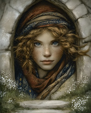 8x10 Cozy Storybook Girl with Long Hair Art Print Cottagecore - 126294659