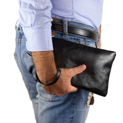 ZMOKA Borsa Da Polso Uomo In Pelle | Nero, Doppia Camera | 20x12,5x6 Cm | Elegante E Sportiva Per Ogni Occasione