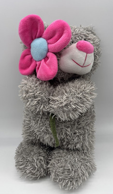 Kuscheltier Teddy grau Blume pink 33cm Plüschtier Stofftier stehend Teddybär Bär