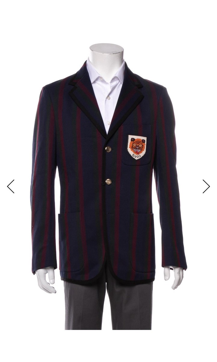 Gucci Mens Blue Green Burgundy Striped Tiger Patch Blazer Jacket