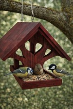 Red Wooden Contemporary Hanging Seed Feeder for Wild Birds, Single Station