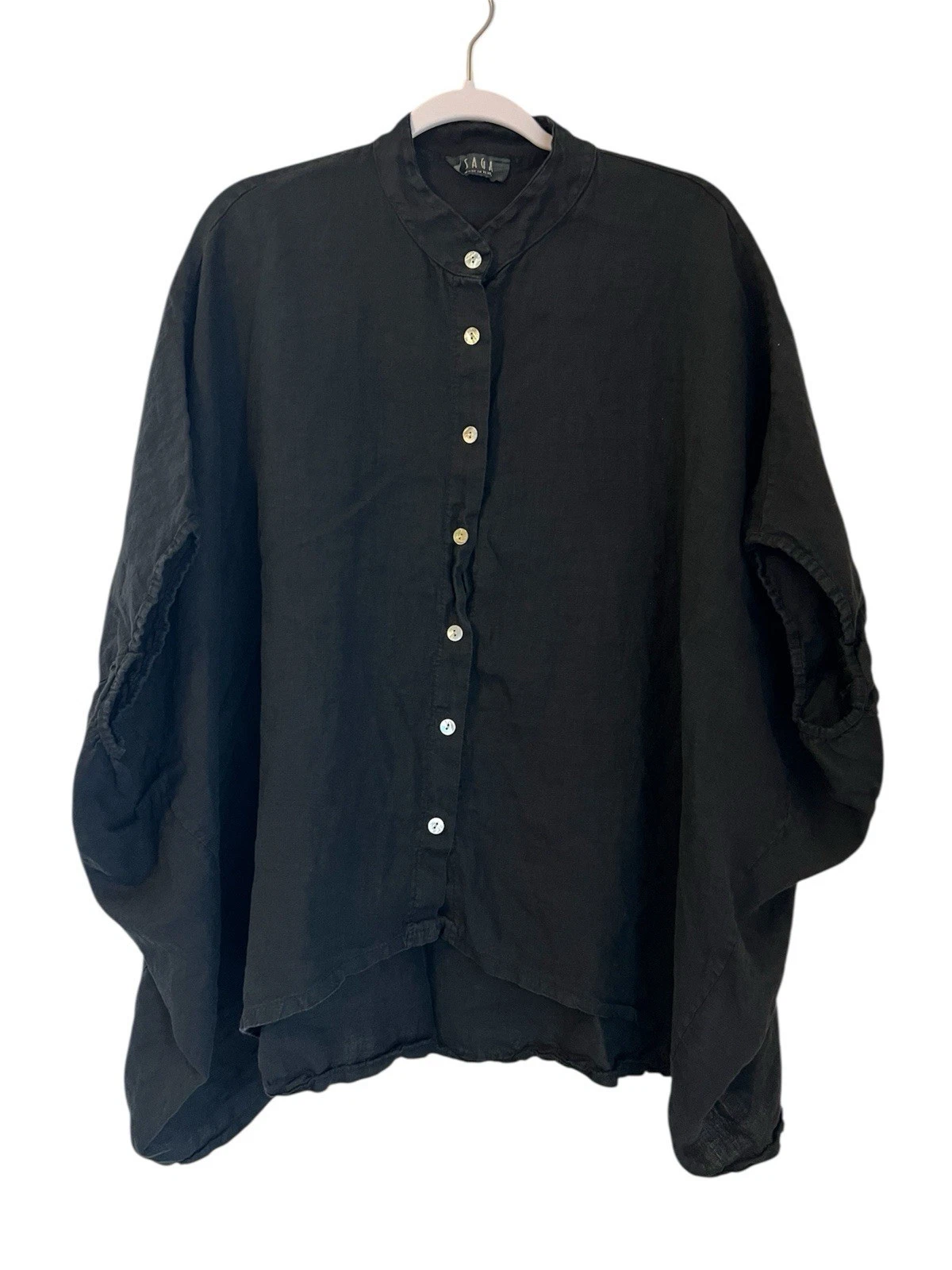 SAGA Made In Italy 100% Linen Poncho Top Women’s OS Black Button Up Lagenlook