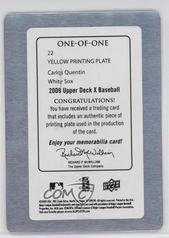 2009 Upper Deck X Printing Plate Yellow 1/1 Carlos Quentin #22 ms9 - Image 2 of 3