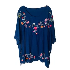 Blue pink floral embroidered boho boxy cottagecore top XXL