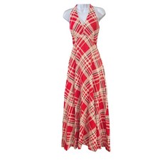 Vintage 1970s Beverly Paige Red Plaid Halter Maxi Dress ILGWU Union Made