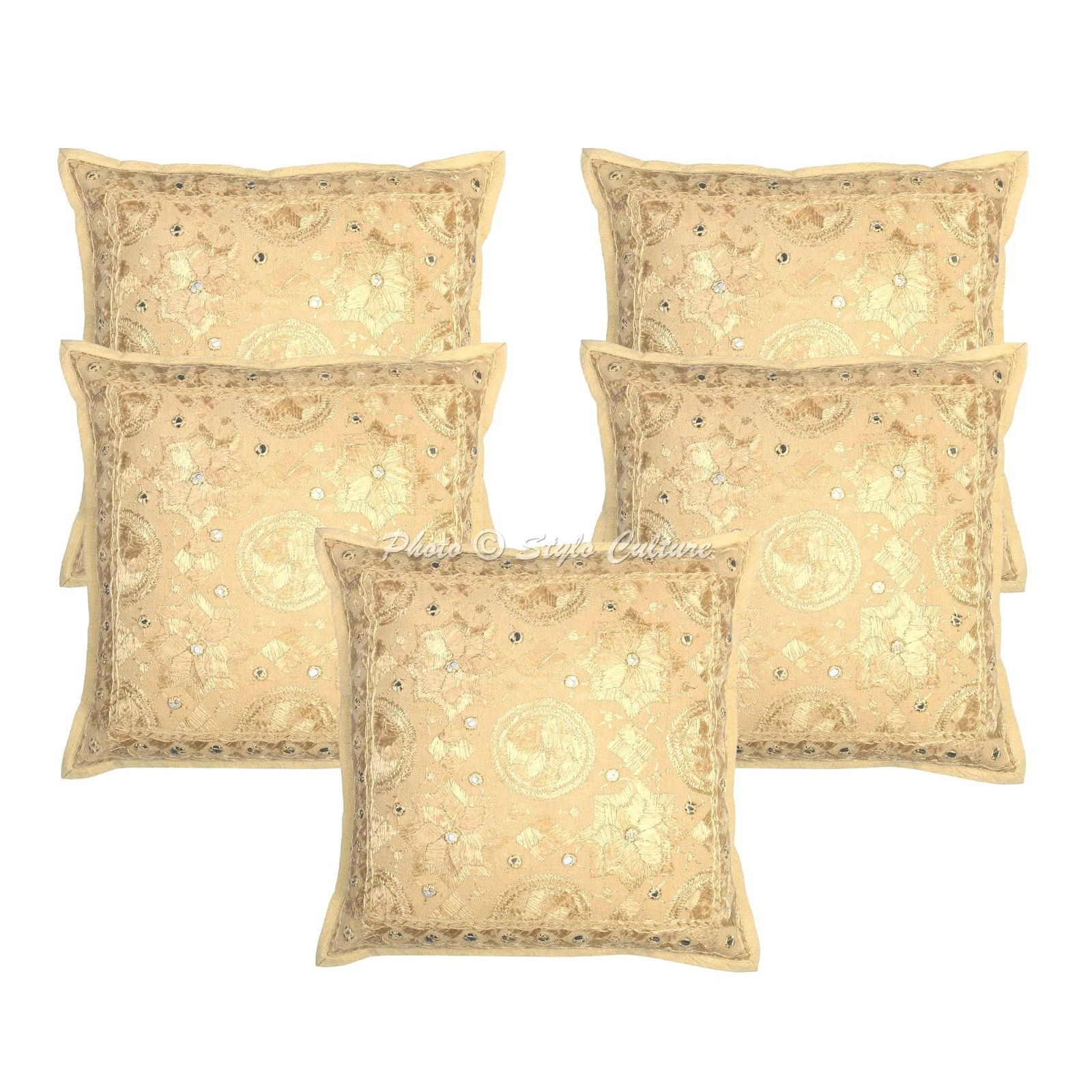 Indian Cotton Throw Pillow Covers Embroidered Beige Mirror Star Moon Home Decor