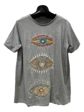 KYLA SEO Blue Fog Short Sleeve Embroidered Eye Top