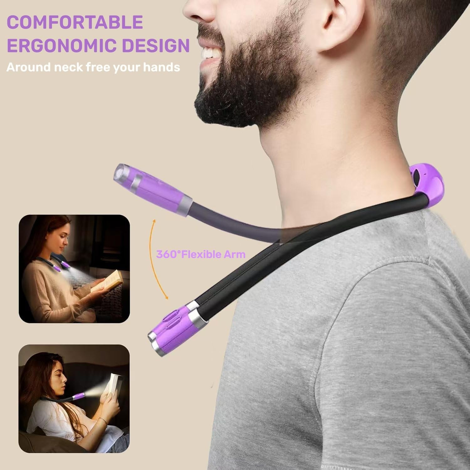 Rechargeable LED Neck Reading Light with Adjustable Brightness - Purple